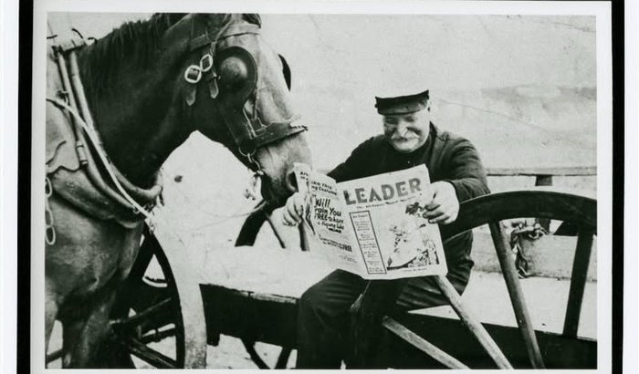 James Callow reading the 'Leader' with horse looking on: https://imuseum.im/search/archive_record/view...